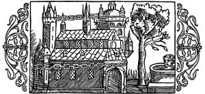 A woodcut depicting the Temple at Uppsala, based on the writings of Adam of Bremen. From Olaus Magnus' "Historia de Gentibus Septentrionalibus."